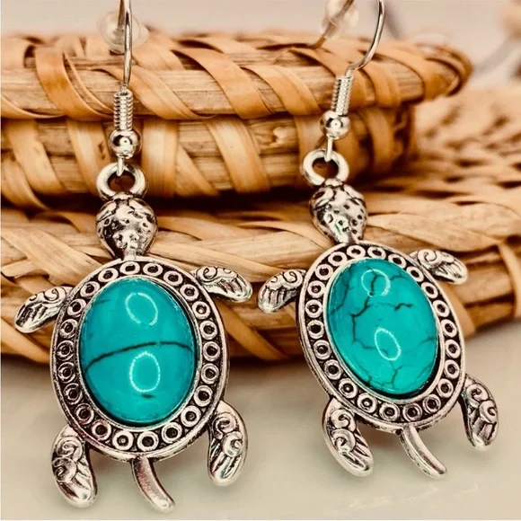 Bohemian Silver Turtle Drop Earrings with Turquoise Accents - Picture 1 of 6
